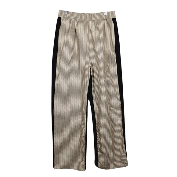 Zara Pants - Zara, Mixed Media Pull On Pants (M) Stretch Waist Deep Navy/Khaki & White Stripe